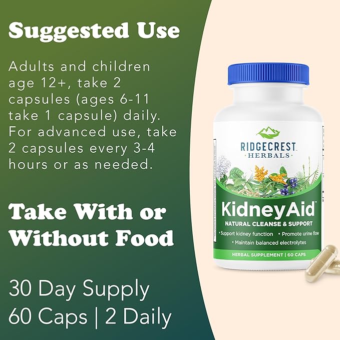 Ridgecrest Herbals KidneyAid Kidney Health Support Supplement Hydrangea Horsetail Urinary Tract Health Support Trace Mineral (60 Caps 30 Serv)