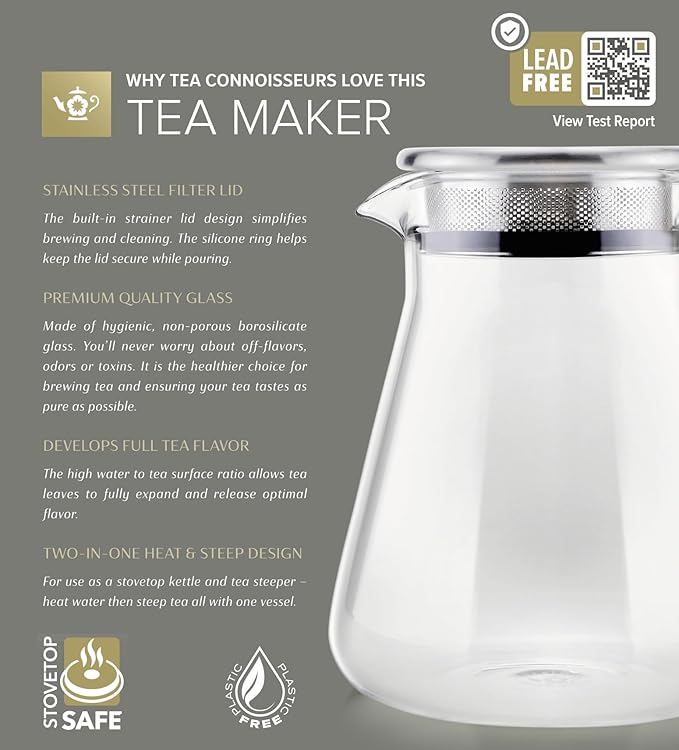Teabloom One-Touch Tea Maker 2-in-1 Teapot and Kettle with Stainless Steel Filter Lid for Loose Tea – Stain-Free Borosilicate Glass Teapot (27 Oz) – Tea Connoisseur's Choice