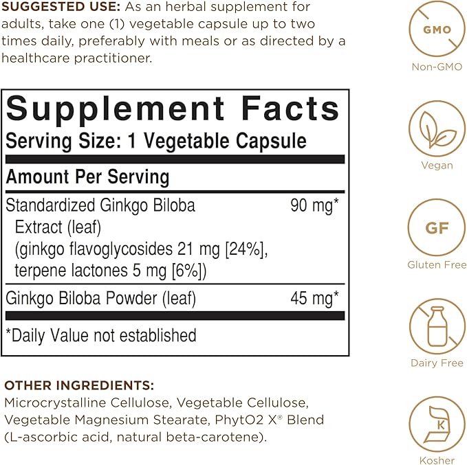 Solgar Ginkgo Biloba Leaf Extract - 180 Vegetable Capsules - Standardized Full Potency (SFP) - Non-GMO Vegan Gluten Free Dairy Free Kosher - 180 Servings