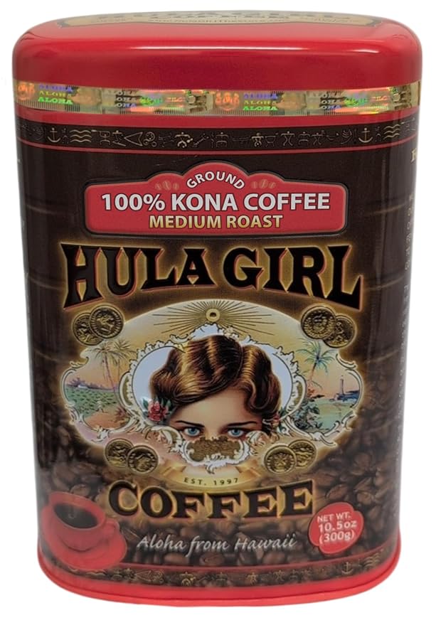 HULA GIRL 100% KONA Roasted Arabica Ground Coffee Medium Roast Net Wt. 10.5 Ounce (0.66Lb) 300 Grams Collector Tin