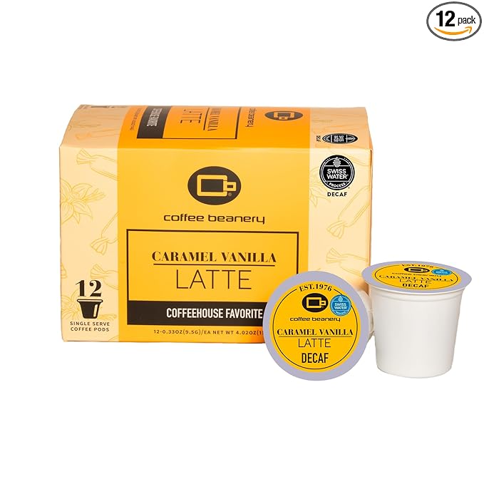 Caramel Vanilla Latte Decaf Coffee Pods by Coffee Beanery | 12ct Medium Roast Arbica Coffee