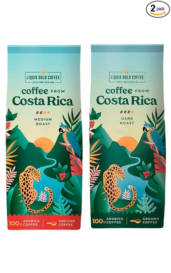 Coffee from Costa Rica Medium and Dark Roast Ground - Two Bags Bundle - 100% Arabica Beans - by Liquid Gold Coffee- Known Source Coffee