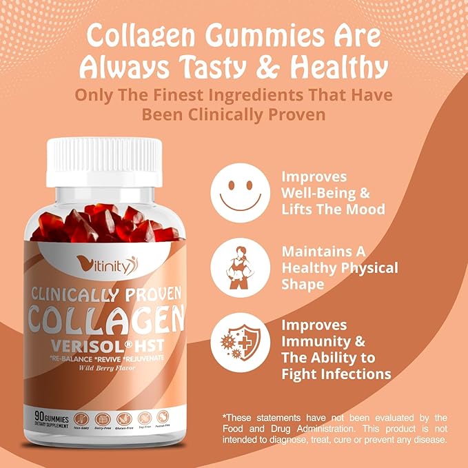 VITINITY VERISOL® HST+HA+VIT C Collagen Hard Chewy Gummies Clinically Proven Beauty.FirmerSmoother SkinFewer WrinklesReduced Cellulite.True Beauty from Within.The Look-Good Feel-Good -30 Day Supply