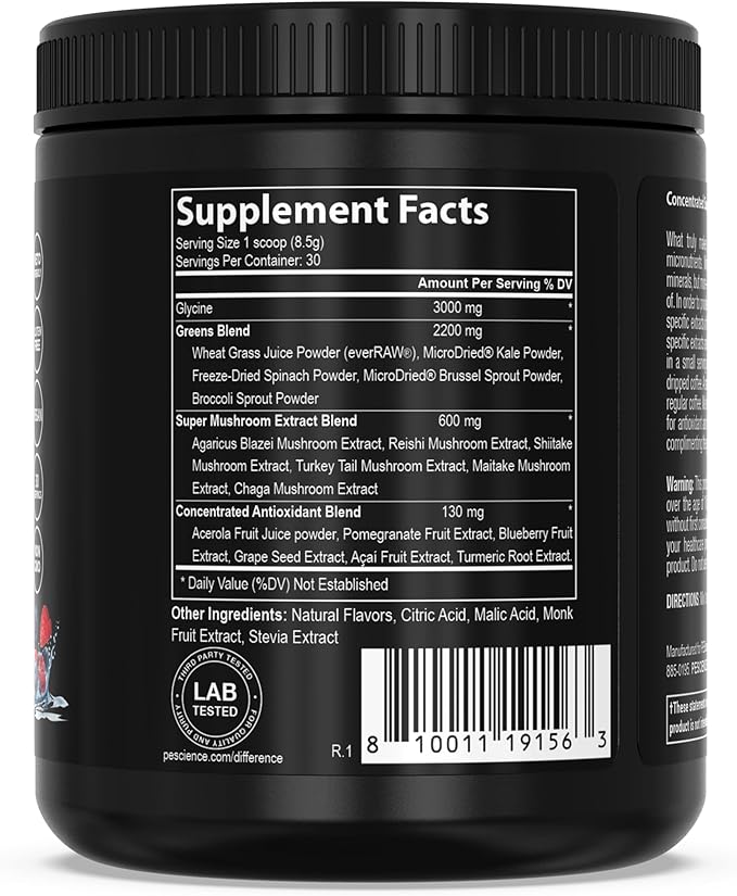 PEScience Greens Powder Superfood with Natural Chlorophyll Reishi &amp Turkey Tail Mushroom Powders Freeze-Dried Kale Spinach Broccoli Sprouts - Berry Flavor 30 Servings