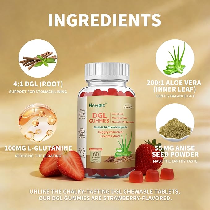 DGL Gummies | Deglycyrrhizinated Licorice Root Extract Quercetin Aloe Vera Anise Seed Powder | Gut Health Stomach Soothe Gerd Support Digestive Comfort | Gluten Free 60 ct(Strawberry Flavor)