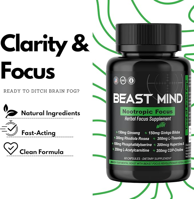 Beast Mind Focus Clarity Nootropic Blend | Ginkgo Biloba | Huperzine A | Rhodiola | Citicoline | L-Theanine | Enhanced Focus &amp Clarity &amp Cognitive Function Labs