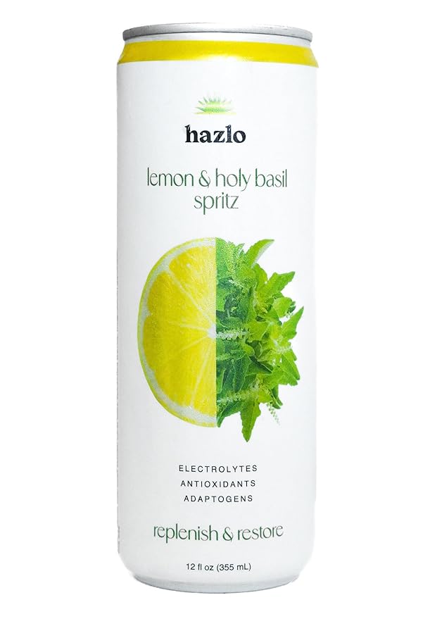 Hazlo Spritz (Lemon &amp Holy Basil) - Zero Proof Spritz Cocktail Mixer Craft Mocktails with Adaptogens Nootropics - Functional Seltzer Calming Non Alcoholic Drinks Alcohol Alternatives for Mood