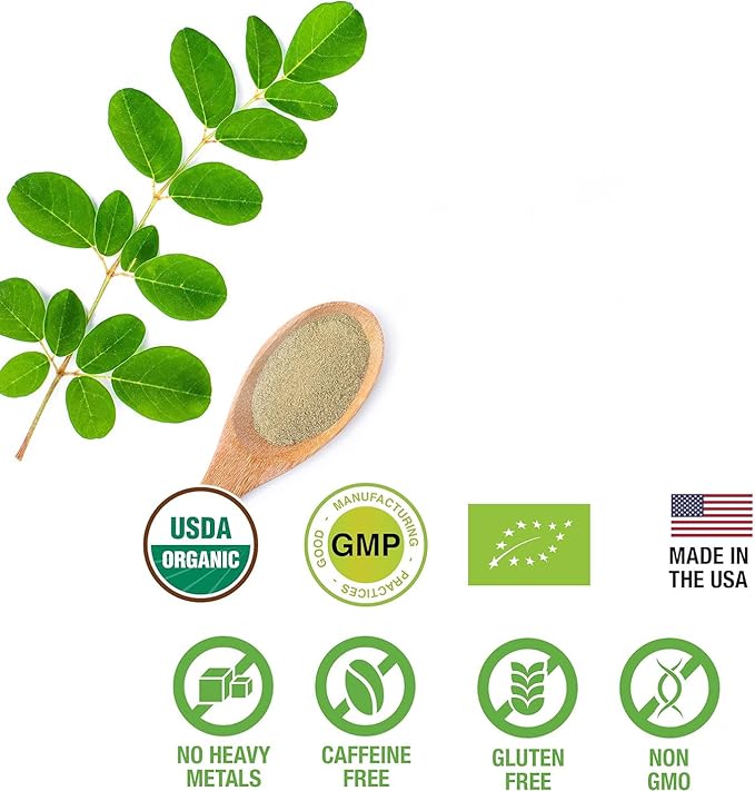 100% Raw and Pure Moringa Leaf Powder. Organic Certified Moringa Leaf. Natural Superfood with Essential Amino Acids Antioxidants and Omega 3 8 oz Resealable Bag.