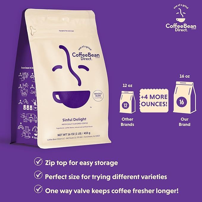 Coffee Bean Direct Sinful Delight Flavored Whole Bean Coffee 1 Pound Bag (Pack of 1)