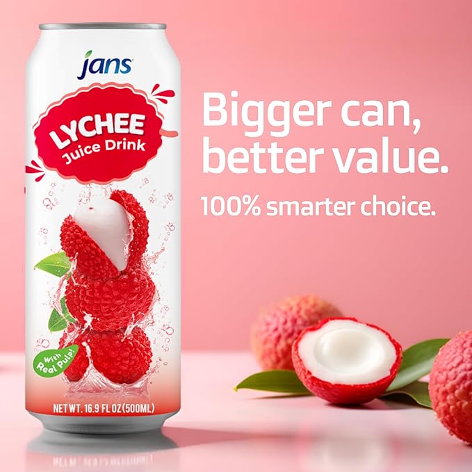 Lychee Juice Drink with Pulp 16.9 oz (Bulk Pack of 12) by Jans — Fat-Free Cholesterol-Free Refreshing Taste of the Tropics