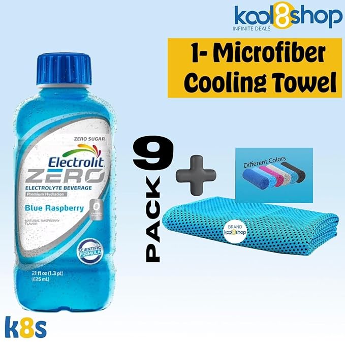Electrolit Zero Blue Raspberry Hydration Drink With Electrolytes 21 fl oz Plastic Bottle 9 Pack + 1 Microfiber Cooling Towel by KOOL8SHOP Infinite Deals