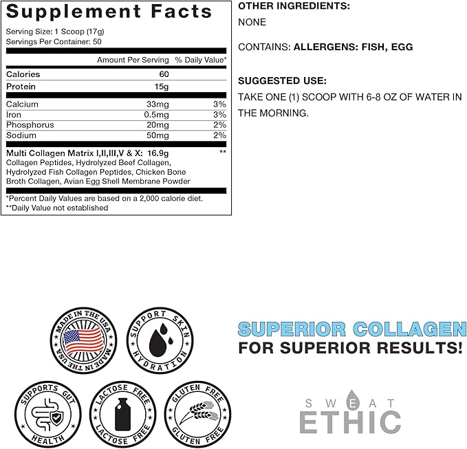 Sweat Ethic Multi Source Collagen Unflavored Collagen Peptides Powder Hydrolyzed Collagen Protein with 5 Types from Natural Sources 60 Calories Gluten Free Non GMO 50 Servings
