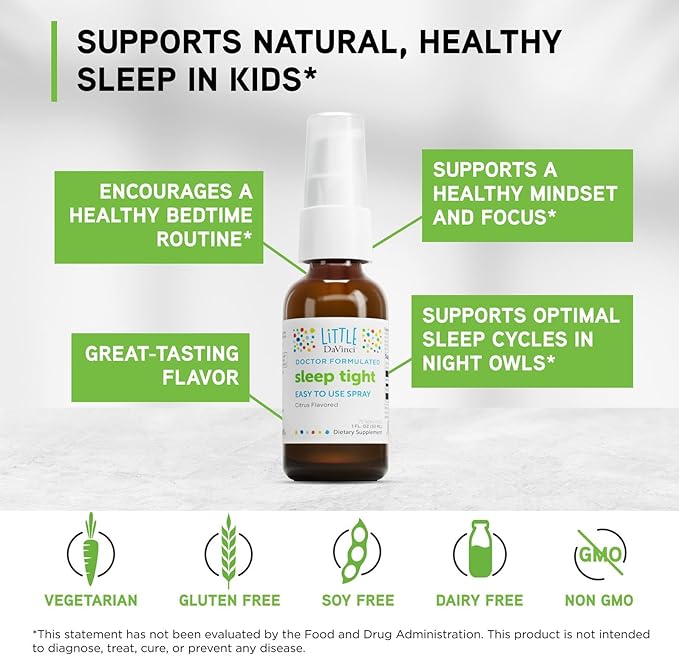 DAVINCI Labs Sleep Tight - Kids Melatonin Supplement to Support Restful Sleep Focus Cognitive Health and Social and Verbal Skills* - with 3mg Melatonin - Citrus Flavor - 30ml 75 Servings