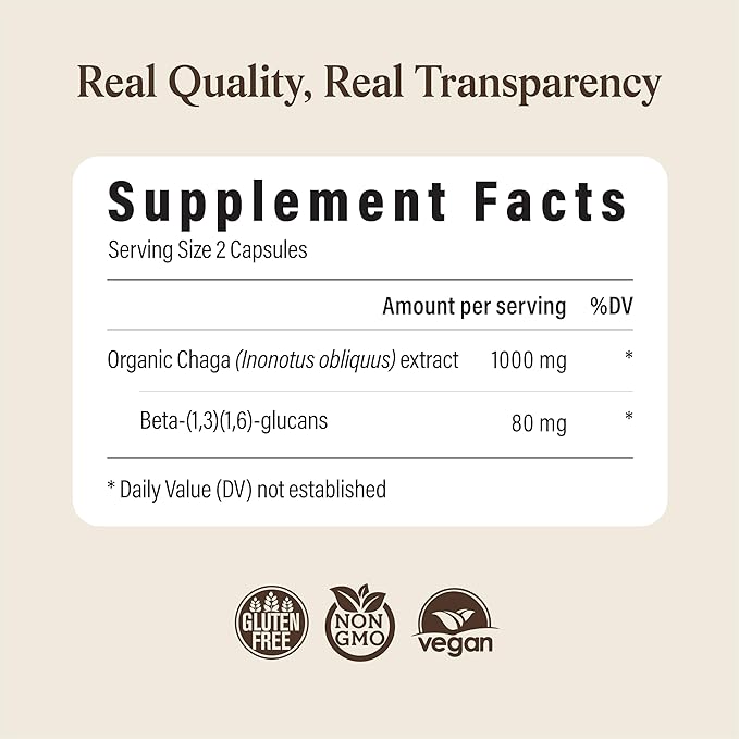 Real Mushrooms Chaga Mushroom Capsules – Organic Chaga Extract Powder with Extract Powder for Wellness &amp Energy Support– Vegan Non-GMO 300 Capsules – Organic Mushroom Supplement