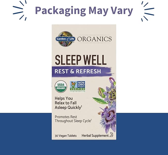 Garden of Life Organics Sleep Well Rest &amp Refresh 30 Tablets Lemon Balm Green Tea Extract L-Theanine Valerian Root Chamomile Probiotics-Organic Non-GMO Vegan Gluten Free Herbal Supplement