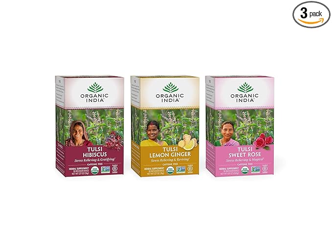 Organic India Iced Tulsi Tea Bags Variety Pack - Assorted Tea Holy Basil Hibiscus Lemon Ginger Sweet Rose - Adaptogen Vegan USDA Certified Organic Non-GMO - 18 Infusion Bags per Box (Pack of 3)