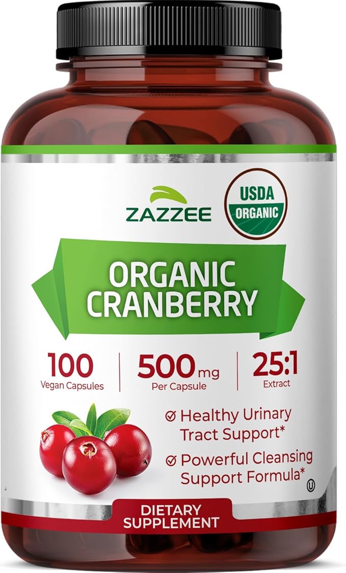 Zazzee USDA Organic Cranberry 25:1 Extract 500 mg per Capsule 100 Vegan Capsules 3+ Month Supply Certified Kosher Vaccinium Macrocarpon Urinary Tract &amp Bladder Support Non-GMO Made in the