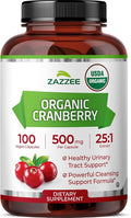 Zazzee USDA Organic Cranberry 25:1 Extract 500 mg per Capsule 100 Vegan Capsules 3+ Month Supply Certified Kosher Vaccinium Macrocarpon Urinary Tract &amp Bladder Support Non-GMO Made in the