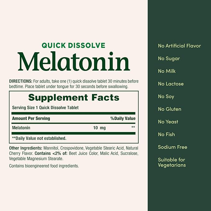 Nature's Bounty Melatonin 100% Drug Free Sleep Aid Dietary Supplement Promotes Relaxation and Sleep Health 10mg 45 Quick Dissolve Tablets (Pack of 2)