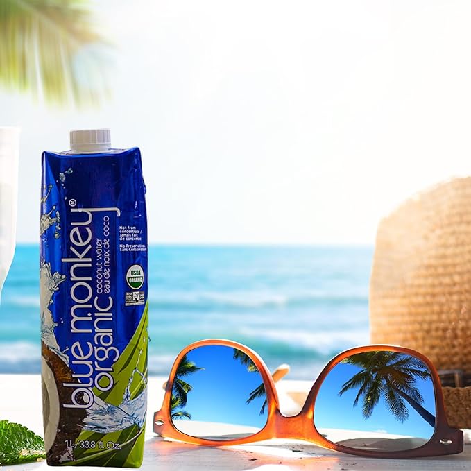 Blue Monkey Organic Coconut Water - 100% Pure Coconut Water from Vietnam - No Sugar Added - USDA Organic Non-GMO Kosher Halal Shelf Stable - Refreshing Hydration Drink - 33.8oz (1L) 12-Pack