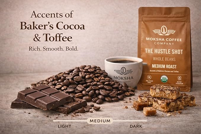 Moksha Organic Espresso Coffee Beans Low Acid Non-GMO Whole Coffee Beans. Medium Roasted to Perfection. Taste of Bakers Cocoa and Toffee. Easy Digestion - 12 OZ