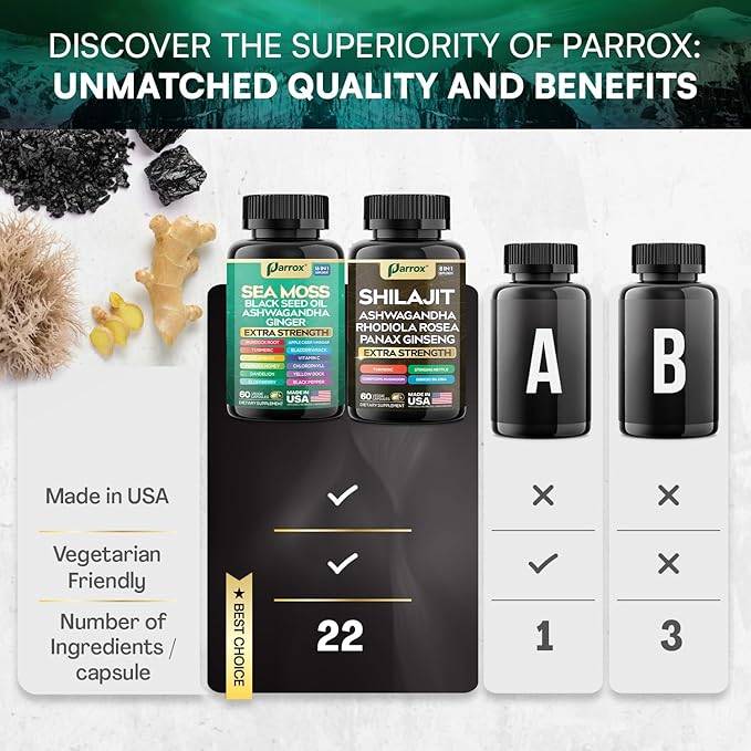 Shilajit and Sea Moss Bundle Sea Moss 350mg Black Seed Oil 200mg Ashwagandha 100mg Turmeric Shilajit 300mg Rhodiola Rosea 100mg Panax Ginseng 50mg Dynamic Vitality Bundle (2 Pack)