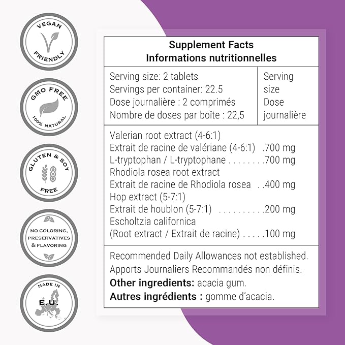 Supersmart - Natural Sleep Formula (Advanced Formula) - with L-Tryptophan Valerian Root Hop Eschscholzia Californica - Herbal Supplement | Non-GMO &amp Gluten Free - 45 Tablets
