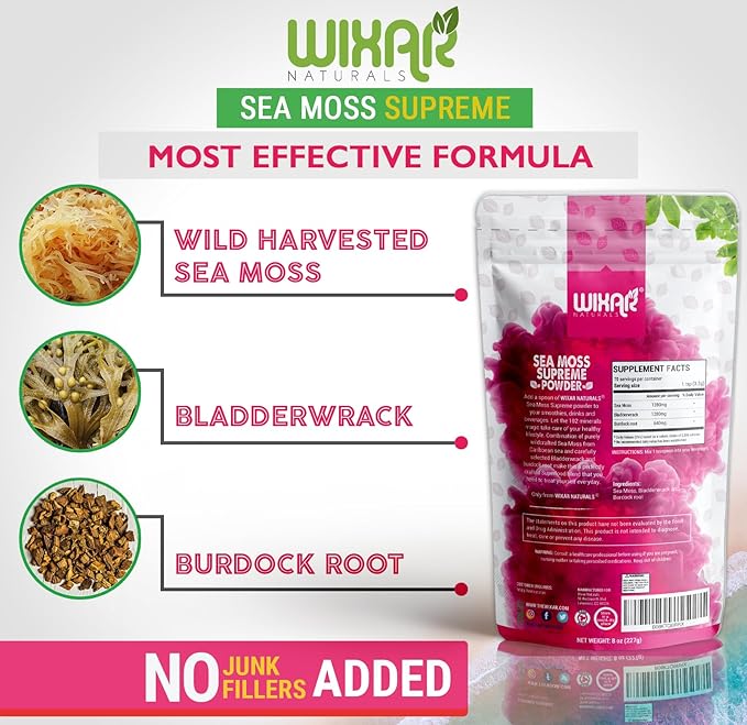 Wixar Wildcrafted Sea Moss Powder – (8 Ounces) – Natural Irish Sea Moss and Bladderwrack with Burdock Powder - Thyroid Support Healthy Skin Keto Detox Joint Support Alkaline Supplements