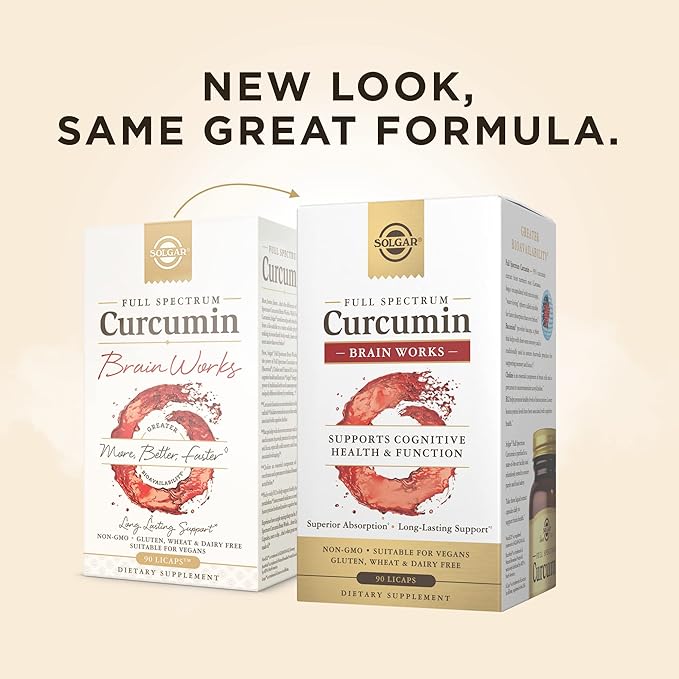 Solgar Full Spectrum Curcumin Brain Works 90 Licaps - Support Memory Recall Focus Cognitive Function - Antioxidant Support - Curcumin BacoMind Choline Vitamin B12 - Non-GMO Vegan - (Pack of 2)