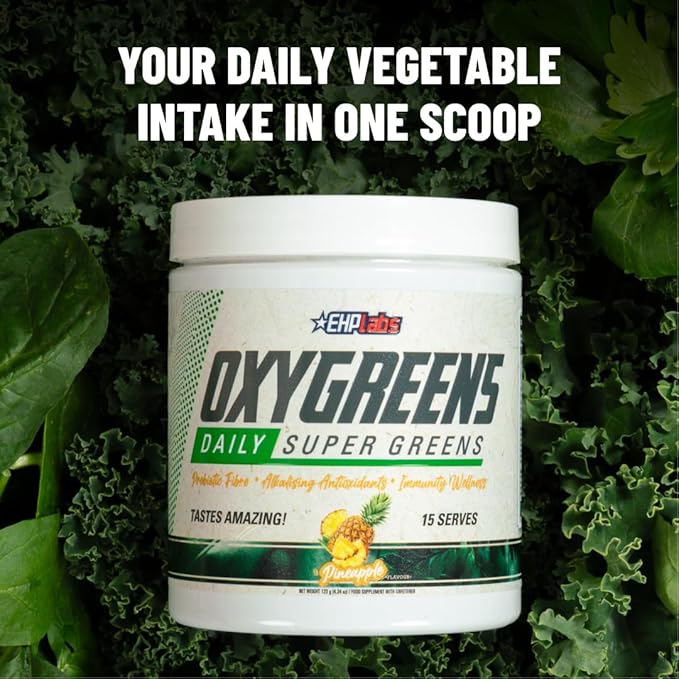 EHP Labs OxyGreens Super Greens Powder with Spirulina &amp Chlorella Prebiotic Fiber Probiotics &amp Digestive Enzymes – Antioxidant Green Superfood Supplement - 15 Serves (Pineapple)