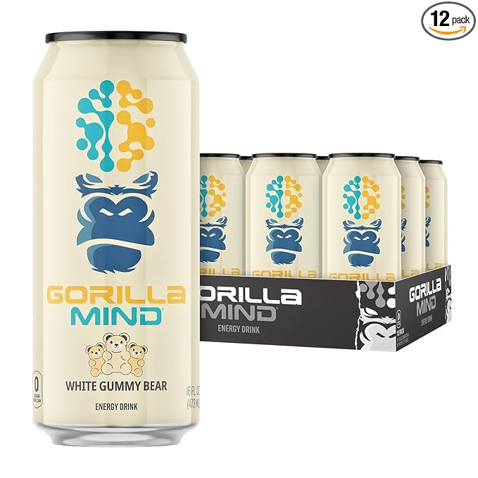 Gorilla Mind Energy Drink | Unmatched Energy · Amplified Focus | N-Acetyl-L-Tyrosine Alpha-GPC 200mg Caffeine Uridine Saffron | 0 Sugar Or Artificial Colors | 16oz 12-Pack (White Gummy Bear)