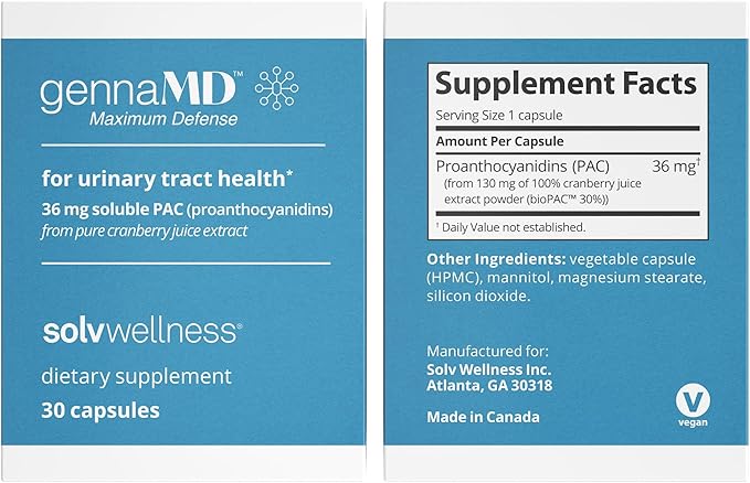 Solv Wellness GennaMD - Maximum UTI Defense - 36 mg Soluble PAC from 100% Cranberry Juice Extract - Highest PAC Concentration in a Small Easy-to-Swallow Capsule - 30 Capsules