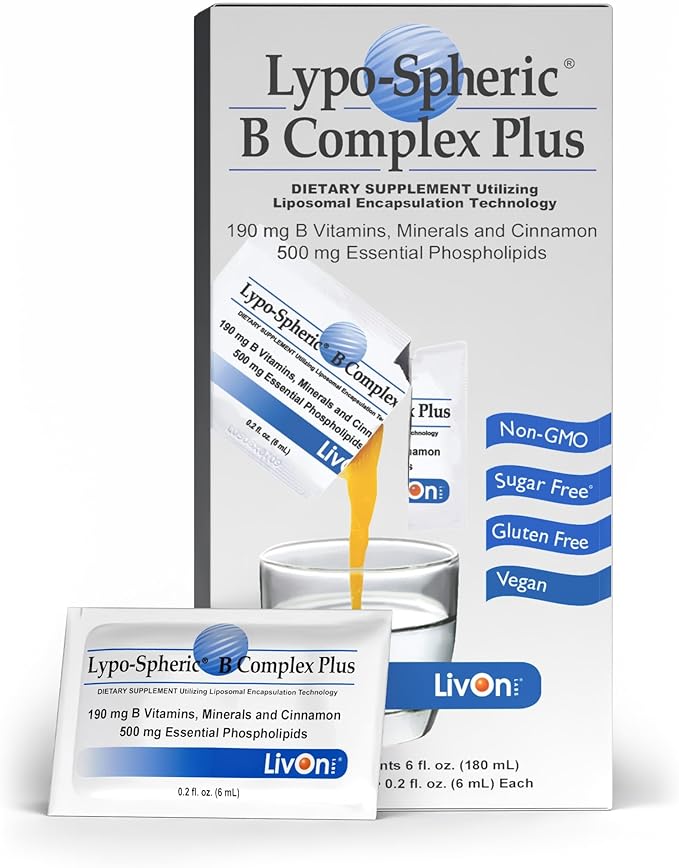 LivOn Laboratories Lypo–Spheric B Complex Plus – 30 Packets – 195 mg B Vitamins Minerals &amp Cinnamon Per Packet – Liposome Encapsulated for Improved Absorption – 100% Non–GMO