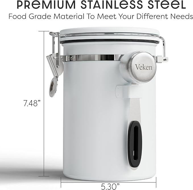 Veken Coffee Canister with Window Easter Gifts Airtight Stainless Steel Container with Lids Home Kitchen Food Storage Jars for Grounds Beans Tea Flour Cereal Sugar Basket Scoop 22OZ White