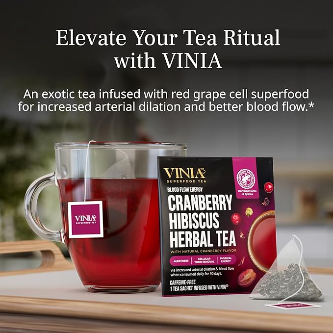 VINIA Cranberry Hibiscus Herbal Tea Bags Made with Organic Herbal Tea Infused with Piceid Resveratrol for Heart Health Nitric Oxide Physical Energy Alertness Blood Flow Keto Kosher NON-GMO. 3
