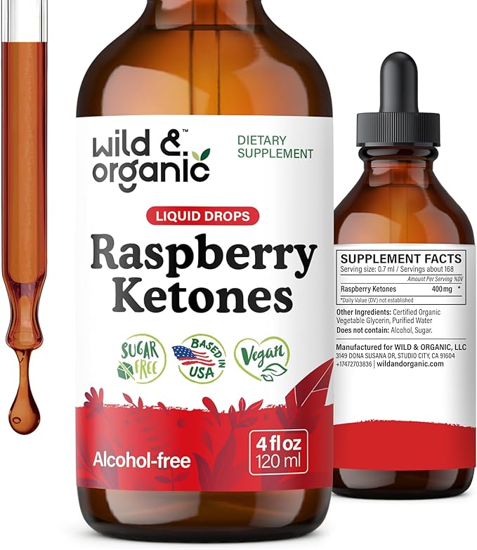 Wild &amp Organic Raspberry Ketones Liquid Drops - Vegan Raspberry Ketones Supplement for Overall Well-Being - 5-Month Supply - Non-GMO No Alcohol &amp Sugar - 4 fl oz