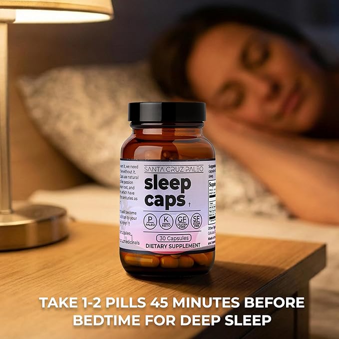 Santa Cruz Paleo Sleep Caps with L-Theanine Lemon Balm Passion Flower &amp Valerian Root Melatonin-Free Nighttime Relaxation Paleo &amp Keto Friendly Sugar &amp Gluten Free 30 Capsules