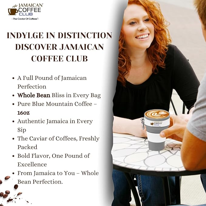 JamaicanCoffeeClub Blue Mountain Whole Bean Coffee WB 16oz 100% Jamaican Beans Premium Roast Bold Smooth Taste Freshly Packed Coffee from Jamaica Rich Aroma Gourmet Blend