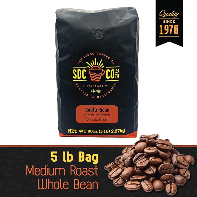 San Diego Coffee Costa Rican Medium Roast Whole Bean Coffee 5-Pound Bag Café en grano tostado