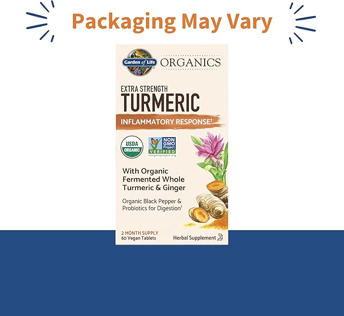 Garden of Life Organics Extra Strength Turmeric Inflammatory Response 60 Tablets-100mg Curcumin (95% Curcuminoids) Black Pepper Probiotics Organic Non-GMO Vegan Gluten Free Herbal Supplement