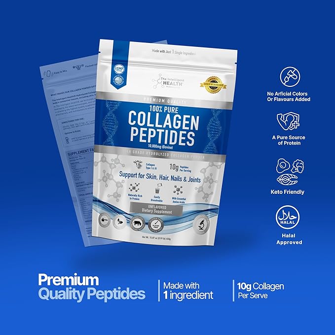 The Intelligent Health Collagen Peptides Powder 45 Servings Hydrolyzed Collagen Type I &amp III Grass Fed Unflavored Gluten Free Keto/Paleo 10g Servings 15.9 Oz Skin Support Hair Nail Jo