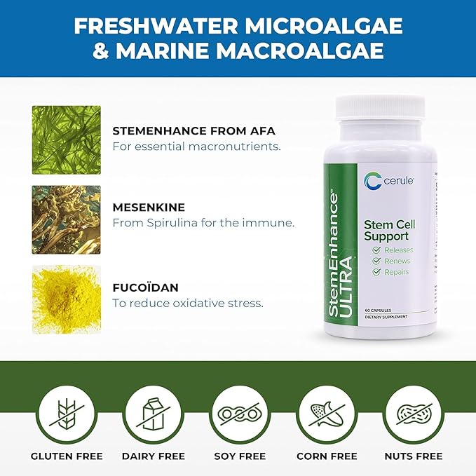 Cerule StemEnhance Ultra 2 Pack –Natural Stem Cell Support Supplement for Cellular Renewal Immune Function Energy and Recovery–Freshwater Microalgae &amp Marine Macroalgae Extracts– 120 Capsules T