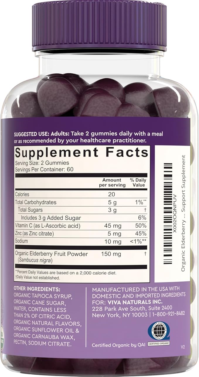Viva Naturals Organic Sambucus Elderberry Gummies for Adults (120 Count) - 3in1 Black Elderberry Vitamin C and Zinc Immune Support Gummies Chewable Elderberry Supplements Zinc Immunity Gummies
