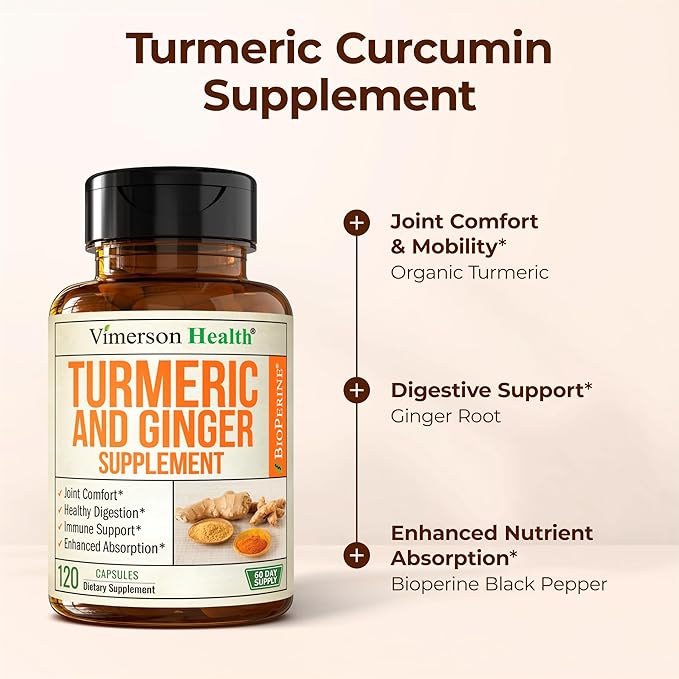Turmeric Curcumin Supplement with Ginger Root for Joint Support Digestive &amp Gut Health - Contains Organic Turmeric Curcumin with Black Pepper (Bioperine) for Enhanced Absorption - 120 Capsules