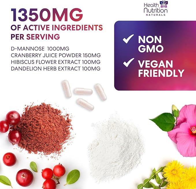 D-Mannose Supplement - 1000mg D Mannose Per Serving with Cranberry Hibiscus &amp Dandelion - Fast-Acting Natural Urinary &amp Bladder Support for Women &amp Men – Flush &amp Cleanse Impurities