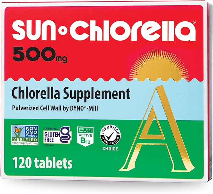 Sun Chlorella 500mg Whole Body Wellness Green Algae Superfood Supplement - Immune Defense Gut Health Natural Purification Energy Boost - Chlorophyll B12 Iron Protein - Non-GMO - 120 Tablets