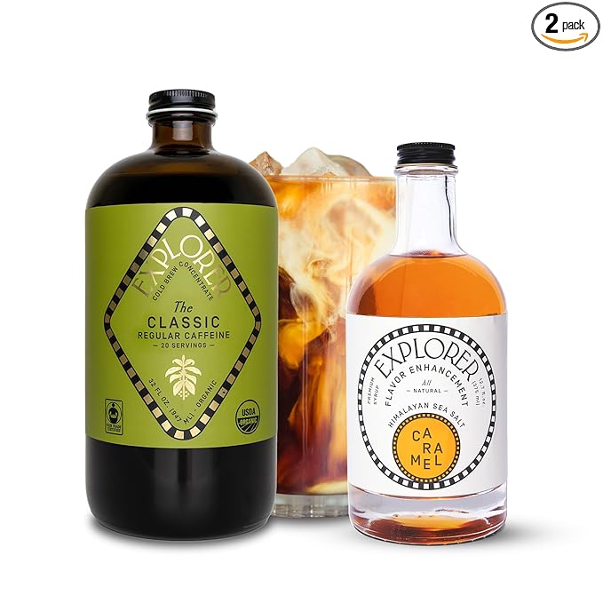Explorer Cold Brew Coffee Concentrate &amp Syrup Bundle | Organic Regular Caffeine &amp Caramel Coffee Syrup | Gluten Free Instant Liquid Mix | Iced or Hot
