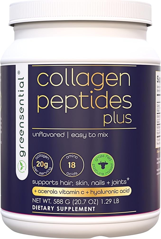 Collagen Peptides Plus Powder 21 OZ | + Vitamin C &amp Hyaluronic Acid | Type I &amp III Grass-Fed | Hair Skin Nail &amp Joint Support | 3rd-Party Certified Easy-Mix Unflavored 28 Servings