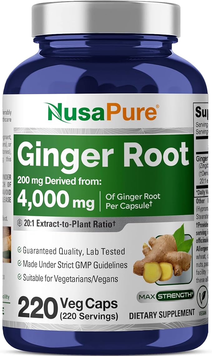 NusaPure Ginger Root Capsules 200 mg 220 Veggie Capsules (Non-GMO Vegan)