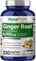 NusaPure Ginger Root Capsules 200 mg 220 Veggie Capsules (Non-GMO Vegan)